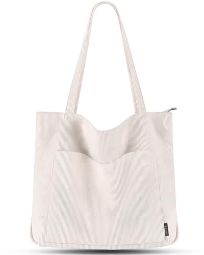 Prite Handtasche Damen Tote Bag Shopper Groß Umhängetasche Cord Beuteltasche Stofftasche für College Schule Arbeit Reisen Einkaufen (Beige)