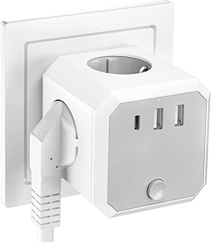 Steckdosenwürfel mit USB, 4 Fach Mehrfachsteckdose ohne Kabel, 7-in-1 Steckdosen Würfel mit Schalter, Steckdosenadapter mit 2 USB-A und 1 Type-C(5V/3.4A) für Büro, Zuhause, Reisen - Weiß