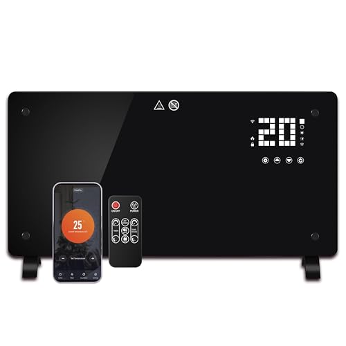 DONYER POWER 2000W Konvektor-Heizung, ultradünne Wandmontage oder freistehend, 24H Timer-Fernbedienung mit WIFI-Anschluss, schwarze Glasscheibe