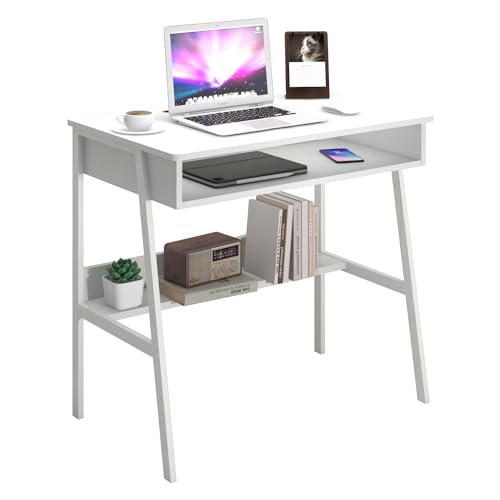 Kleiner Computertisch, 80 cm, weißer Schreibtisch, Bureau de Travail, Gaming-Schreibtisch, Arbeitszimmer, Steh-Schreibtisch mit Schubladen, Holz-Schminktisch mit Metallrahmen, für Schlafzimmer,
