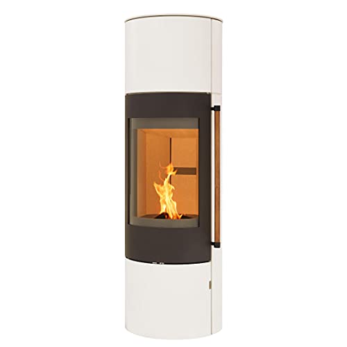 H&M Kaminofen EVO 2.1 XL Stahl Creme Weiß 7kw Ofen Heizofen modern Speicherofen rund Holzkamin mit großer Sichtscheibe und Gussboden mit edlem Holzgriff