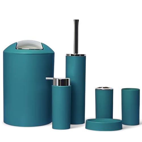 6-TLG Badset Badezimmer Zubehör Set Organizer: Seifenspender, Zahnputzbecher, Kosmetikeimer, WC Bürste und Halter, Seifenschale, Mülleimer, Zahnbürstenhalter, Badgarnitur (Dunkel Türkis Design 2a)