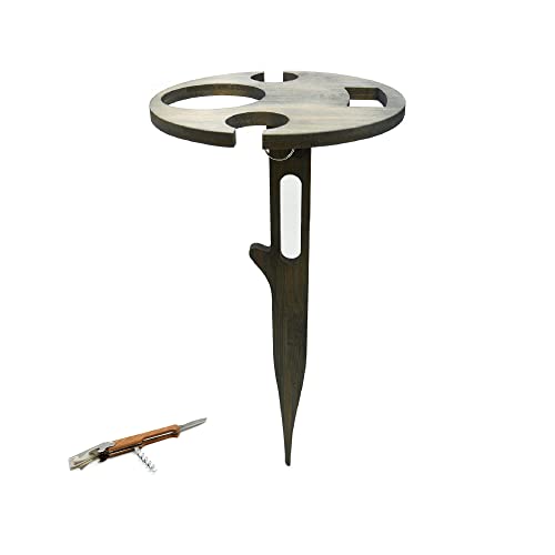 UNUS Garden Weintisch klappbar Outdoor, Weinhalter aus Bambus Holz, Weinglashalter für Picknick, Camping oder Garten, inklusive Taschenmesser mit Korkenzieher und Flaschenöffner