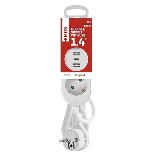 EMOS - Mehrfachsteckdose mit 3 USB Anschlüssen, Kabellänge 1,4 m - Steckdosenleiste 2-Fach mit USB-Laden - Steckerleiste Wandmontage tauglich - 2x Steckdose, 1x USB-C, 2x USB-A - IP20 für Innen - weiß