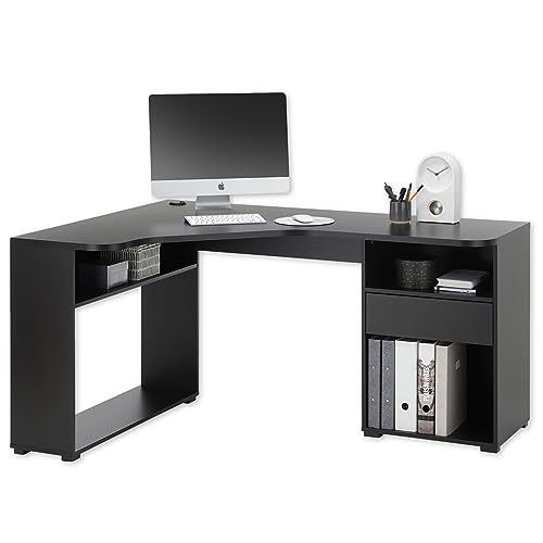 BC 3155 Eckschreibtisch in Schwarz - Moderner Bürotisch Computertisch mit großer Arbeitsfläche und viel Stauraum - 150 x 74 x 50 cm (B/H/T)