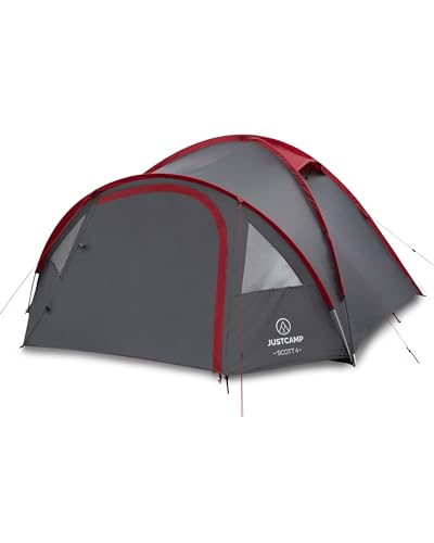 Justcamp Scott Campingzelt für 4 Personen, leicht, stabil, wasserdicht - Kuppelzelt (doppelwandig) mit verschließbarem Vorraum - Iglu-Zelt mit Lüftungshutzen und Moskitonetz an der Schlafkabine