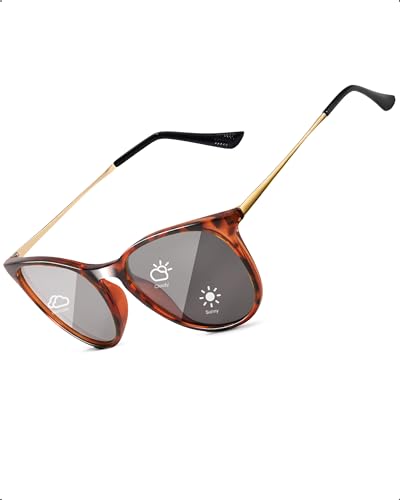 TJUTR Photochromatisch Sonnenbrille für Herren Damen, Polarisiert Klassische Retro Runde Brille Autofahren- UV400 Schutz (Leopard/Grau Photochromatisch)