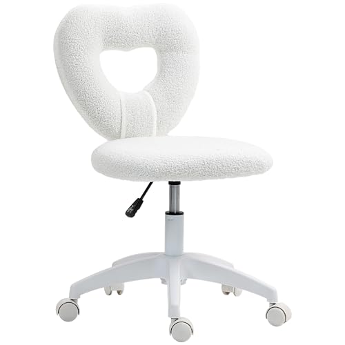 HOMCOM Schreibtischstuhl Bürostuhl Drehbar Homeoffice Stuhl mit Herzförmige Rückenlehne, ohne Armlehne Höhenverstellbarer Teddy-Fleece Schminktisch Stuhl für Arbeitszimmer, Weiß