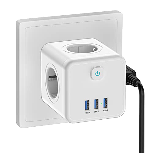 USB Steckdose, Steckdosenadapter 7 in 1 Doppelstecker für Steckdose mit 3 USB - White