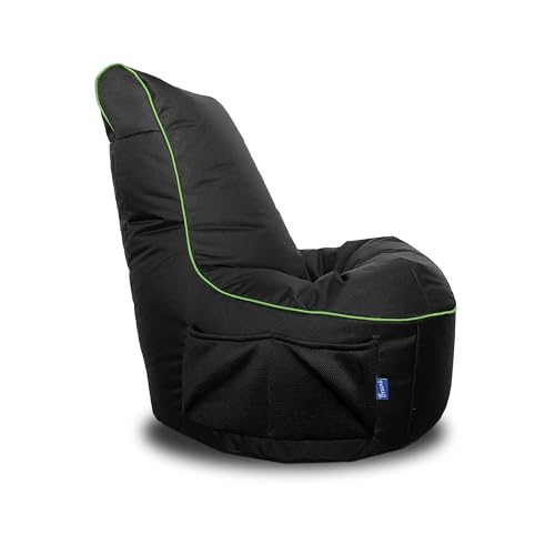 Bruni Cockpit – schwarzer Gaming-Sitzsack zum Zocken mit Lehne und Fach, Indoor und Outdoor geeignet, in Deutschland gefertigt (Schwarz/Grün)