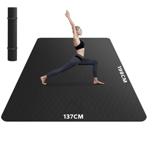 HAPBEAR Yogamatte XXL- Extra Groß Breit Yoga Matte, TPE Sportmatte Fitnessmatte rutschfest 198cm x137cmx6mm Dicke, Ultra Haltbar, Gymnastikmatte für Pilates, Gym, Zuhause, Workout - Schwarz