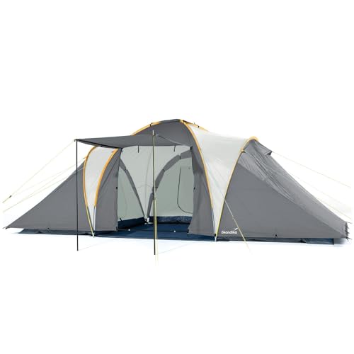 Skandika Kuppelzelt Daytona XXL 6 Personen | Familienzelt mit 3 großen Schlafkabinen, 3000 mm Wassersäule, 195 cm Stehhöhe, Moskitonetze, Sonnensegel | Campingzelt für Familie und Freunde (grau/grün)