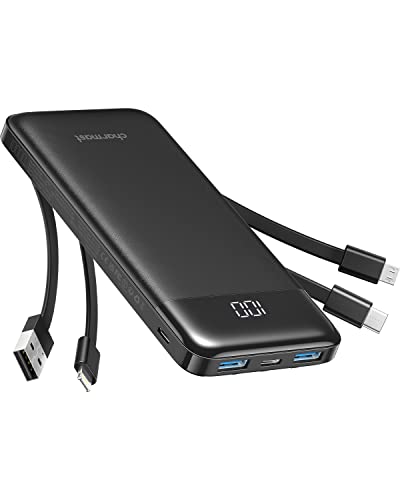 Charmast Powerbank 10000mAh Externer Akku USB C Power Bank mit 4 integriertes Ladekabel Tragbares Ladegerät LED-Display Kompakte Slim 6 Ausgängen Kompatibel mit iPhone,Huawei,Samsung Tablet