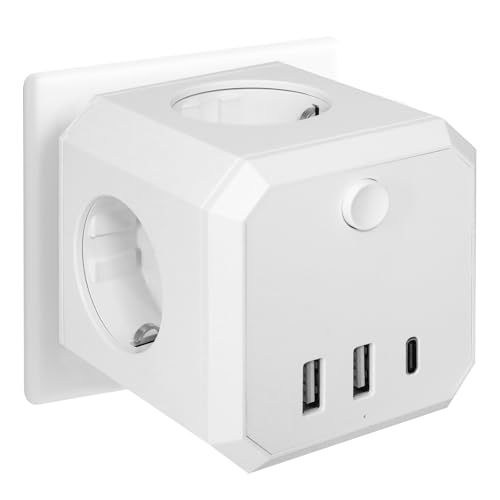 7 in 1 Steckdosenwürfel ohne Kabel, 4 Fach Cube Mehrfachstecker mit Schalter, Mehrfachsteckdose 16A 4000W MAX, Steckdosenwürfel mit 2 USB-A & 1 USB-C, Steckdosenadapter für Büro Hause Reisen