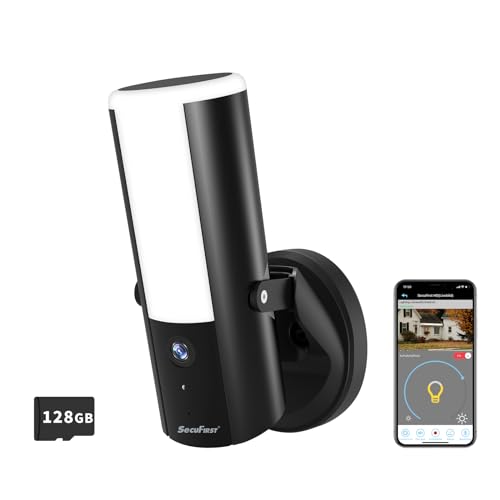 SecuFirst WLAN Flutlichtkamera,Überwachungskamera mit Außenleuchte,2K QHD Outdoor Kamera Überwachung-Aussenlampe mit Bewegungsmelder,Sirene.Dimmbare Helligkeit (900lm),128GB Speicher