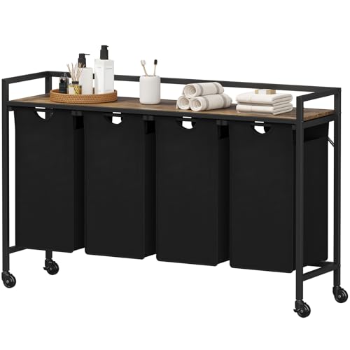 Lifewit Wäschesortierer 4 Fächer, 168L Wäschewagen mit Rollen, Wäschekorb mit Ablage, Wäsche Sortiersystem, Wäsche Organizer Schmutzwäsche, Wäschetrenner für Badezimmer, Waschküche,Wäscheregal Schwarz