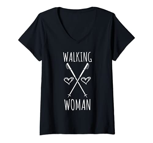 Damen Nordic Walking Geschenk Sport Lustiger Wanderausflug Spruch T-Shirt mit V-Ausschnitt