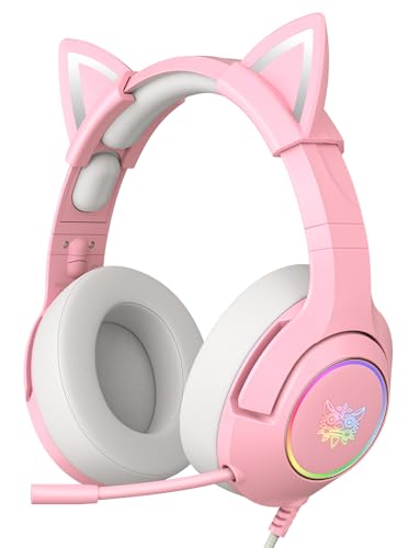 PHNIXGAM Gaming-Kopfhörer FÜR PS4, PS5, Xbox One X/S (Ohne Adapter), 3.5mm Kopfhörer Mit Abnehmbaren Katzenohren, Mikrofon, RGB, Surround-Sound FÜR PC, Mobiltelefon (Rosa)