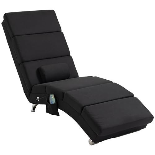 HOMCOM Relaxliege mit 5 Massagemodi Loungesessel mit Lendenkissen, Heizfunktion, Liegesessel mit Seitentasche, Fernbedienung, Leinenoptik, Relaxsessel Chaiselongue Schwarz