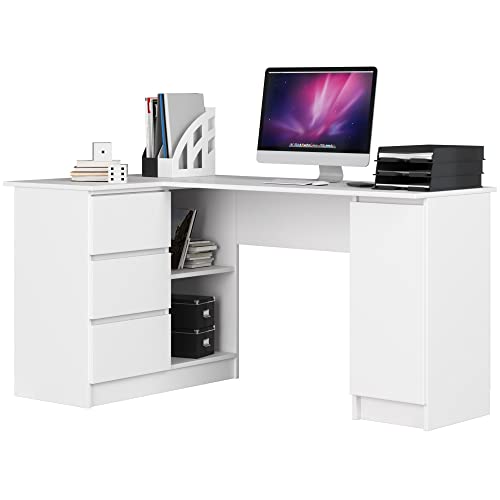 AKORD Eck-Schreibtisch B-20 mit 3 Schubladen, 2 Ablagen und einem Regalfach mit Tür | Schreibtisch | ecktisch | Eck Schreibtisch für Home Office | Einfache Montage | B155 x H77 x T85, 60 kg Weiß
