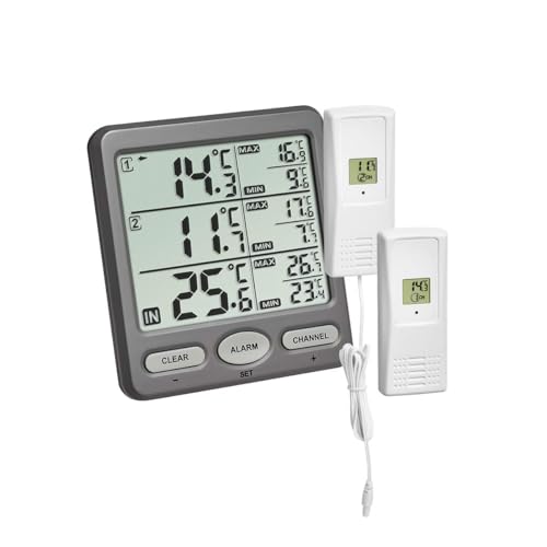 TFA Dostmann Funk-Thermometer Trio – Basisstation + 2 Sender (inkl. wasserdichtem Kabelsensor), 30.3062.10, 100 m Reichweite, Temperaturalarm & Min/Max – für Kühlschrank, Aquarium, Pool, grau