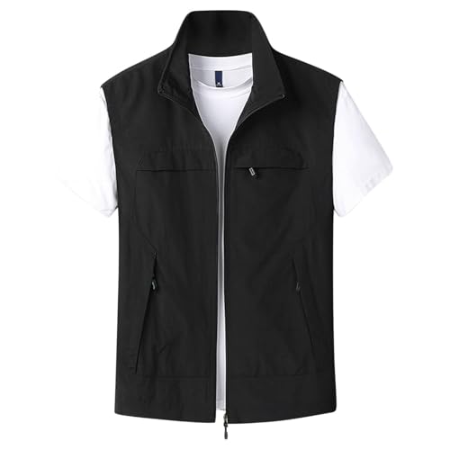 NARUPE Leichte Softshell-Weste für Herren, durchgehender Reißverschluss, schnell trocknend, Outdoor, Wandern, Freizeit, mehrere Taschen, Angeln, ärmellose Jacke, Schwarz , 5XL
