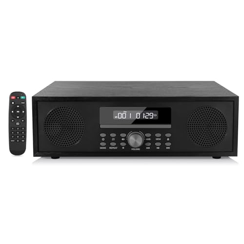 Kompaktanlage mit CD, Micro-HiFi-Anlage mit CD-Player 2x20W Lautsprechersystem, Mini-Stereoanlage mit UKW-Radio, Bluetooth, Aux-Eingang, USB-Eingang, HiFi-Anlage mit Audio-Ausgang (Retro Schwarz)