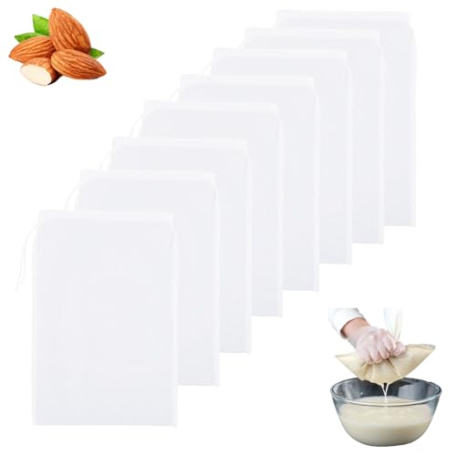 8 Stück Nussmilchbeutel,20x30cm Feinmaschiges Passiertuch Wiederverwendbar, Abseihtuch Wiederverwendbar für Käse Fruchtsäfte Mandelmilch Kaffee Gemüsesaft, Filterbeutel Mulltücher-100 Mesh