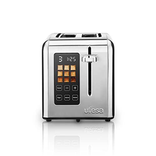 Ufesa Digital Future Toaster Edelstahl mit 2 Scheiben, 950W Leistung, 9 Bräunungsgrad für Brot und Bagel, Touchscreen, Auftaufunktion