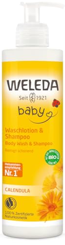 WELEDA Bio Calendula Baby XL Waschlotion & Shampoo vegan - Naturkosmetik Duschgel zur Hautpflege / Haarpflege bei Neugeborenen. Babypflege Dusche für empfindliche Haut, mild zu den Augen (1x 400ml)