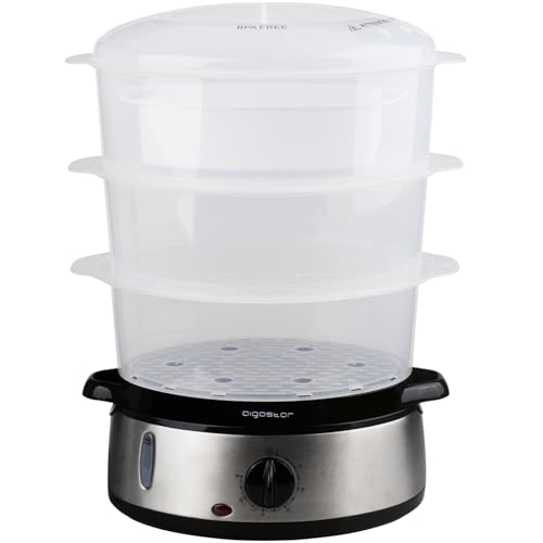 Aigostar Dampfgarer mit Timer 9L, 3-Etagen Stapelkörbe Reisschale, 800W Dampfgarer Elektrisch, automatische Abschaltung, Edelstahl BPA frei, silber/schwarz. EINWEGVERPACKUNG.