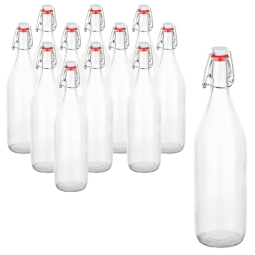 gouveo 12er Set Glasflaschen 1000 ml rund mit Bügelverschluss - Bügelflasche 1 Liter zum Befüllen - Bügelverschlussflasche für Wasser, Limonade, Saft und Spirituosen (BFR1000)