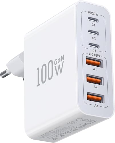 USB C Ladegerät, 100W GaN 6-Port USB Schnellladegerät PD3.0 Mehrfach Ladegerät, Ladestecker USB C Ladestation, kompatibel mit iPhone 16/16 Pro/16 Plus/15 Pro Max, Samsung/Google/Tablet Handys