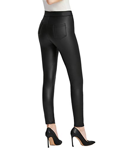 Everbellus Damen Sexy Kunstleder Leggings mit Taschen Skinny Lederhose Schwarz Medium