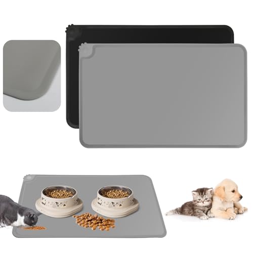 FHISKUNYU 2er Set Silikon-Futtermatten für Hunde und Katzen | 48 x 30 cm | wasserdichte & rutschfeste Unterlage | Leicht zu reinigen | Schwarz & Grau