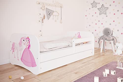Bjird Kinderbett Jugendbett 80x180 cm Weiß mit Matratze Rausfallschutz Schublade und Lattenrost Kinderbetten für Mädchen und Junge - Prinzessin und Pferd