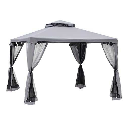 Outsunny Pavillon mit Doppeldach, ca. 3x3 m Wasserdicht Stabil Winterfest Gartenpavillon mit Moskitonetz, Seitenteile, Garten-Pavillon aus Metall, für Garten, Terrasse, Hellgrau