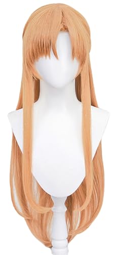 Anime Cosplay Perücke Braun Gelb Haar Perücke Lange Gerade Perücke mit Pony Cosplay Kostüm Perücke Hitzebeständige Kunsthaar Perücken 31 Zoll (Yuuki Asuna)