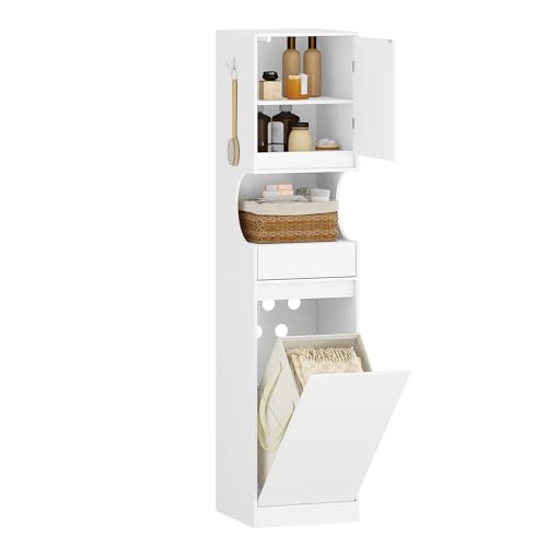 Hzuaneri Badezimmerschrank mit Wäschekorb, Hochschrank Badschrank, Wäschesack, mit faltbarem Wäschekorb, Tür und Schublade, verstellbare Ablage, 40 x 40 x 174 cm, Weiß BC43013X