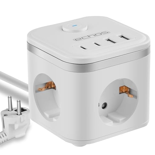 Echos - 7-in-1 Steckdosenwürfel mit Kabel (2M) 3 Fach Mehrfachsteckdose mit USB C - Steckdosenleiste 4 Fach USB Mehrfachstecker mit Schalter Cube Steckdosenadapter mit Kindersicherung 3680W