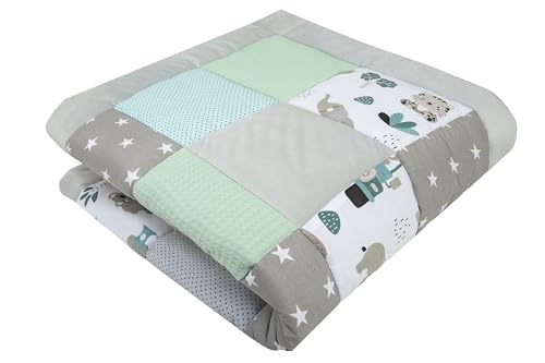 Medi Partners Krabbeldecke für Baby Spielmatte 100% Baumwolle Krabbelmatte - 120x120cm Krabbeldeck Dick Weich Decke Laufgittereinlage Babydecke Minky Waffel Spielbogen (Mint Zoo)