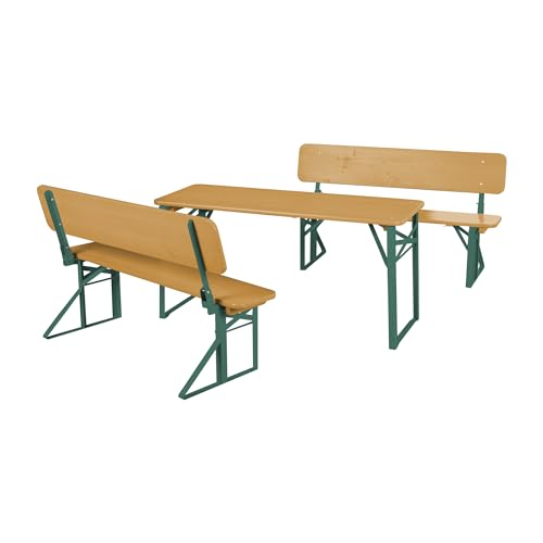 roba Outdoor Party-Garnitur für Kinder - Kindersitzgruppe mit Lehne aus FSC zertifiziertem Holz - 2 Bänke + 1 Tisch - Klappbare Sitzmöbel ab 24 Monaten - Natur/Grün