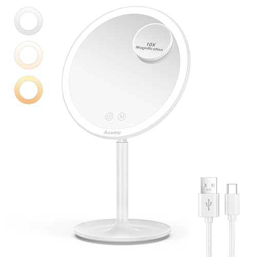 Auxmir Kosmetikspiegel mit Beleuchtung, Schminkspiegel mit Licht 10fach Vergrößerungspiegel, Wiederaufladbar 2000mAh, 3 Farben und Helligkeit Einstellbar, 8' Faltbarer Drehbar Tischspiegel für Reise