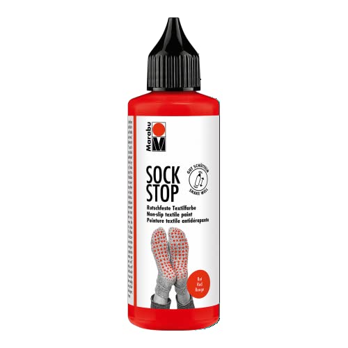 Marabu 17220106232 - Sock Stop, 90 ml, rot, gummiartige Antirutsch-Farbe auf Wasserbasis, für Textilien zum sicheren Halt auf glatten Böden, einfache Anwendung aus der Flasche