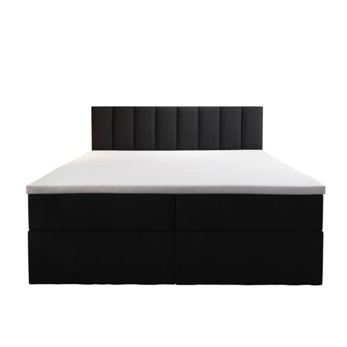 Palermo Boxspringbett mit Bettkästen H3 Matratze mit Topper (Schwarz, 140 x 200 cm)