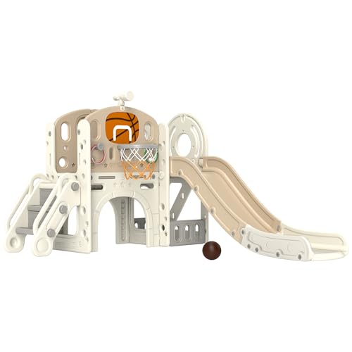 AIYAPLAY Kinderrutsche, 7-in-1, Kleinkinderrutsche mit Basketballkorb, Klettergerüst, Teleskop, Tunnel, Plattformgang, Aufbewahrungskorb, Kinder Spielplatz für 1 bis 6 Jahre Kinder
