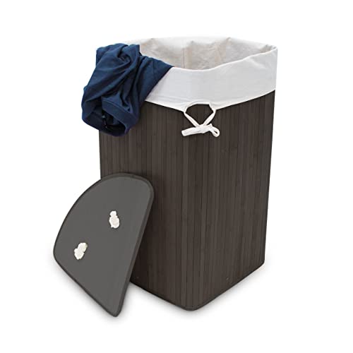 Relaxdays 1 x Eckwäschekorb Bambus, Faltbare Wäschebox 60 Liter, platzsparend, Wäschesack Baumwolle, 65 x 49,5 x 37 cm, schwarz