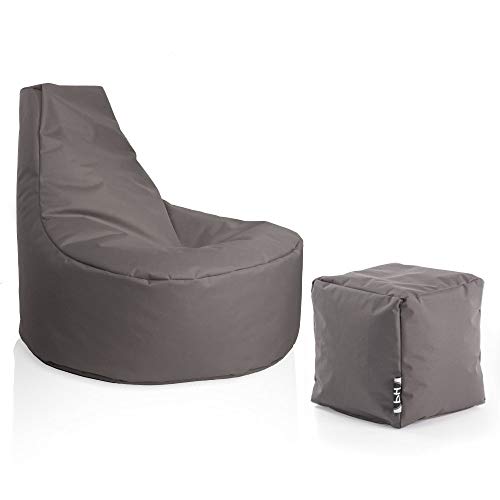 PATCH HOME Gamer Sessel Sitzsack inkl. Würfel Set Ø80cm, 30cm Sitzhöhe, 90cm Höhe + 35x35cm Würfel Anthrazit