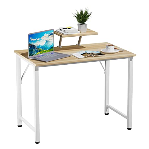 Schreibtisch mit Monitorständer, Stabil Gaming Tisch Computertisch, Laptoptisch mit Kleiner Abnehmbarem Ständer, Wasserdicht Tischplatte, 80x40x74cm PC Desk für Büro Wohnzimmer, Beige bürotisch