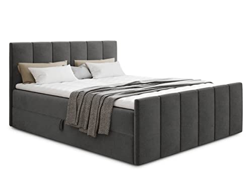 Boxspringbett Star Lux mit Fußteil, 2 Bettkästen und Matratzentopper - Doppelbett mit Topper, Bonell-Matratze, Polsterbett, Bett, Betten, Schlafzimmer (180 x 200 cm, Dunkelgrau (Kronos 22))